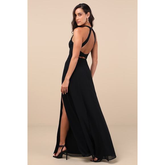 NWT Lulus Confidently Charismatic Black Backless Halter Maxi Dress Wedding Sz L - Picture 3 of 6